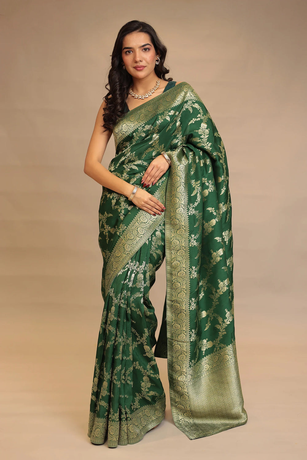 Emerald Green Silk Saree with Golden Floral Weave