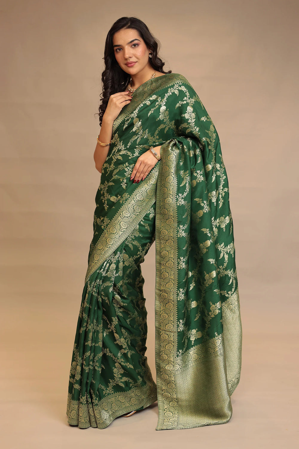 Emerald Green Silk Saree with Golden Floral Weave