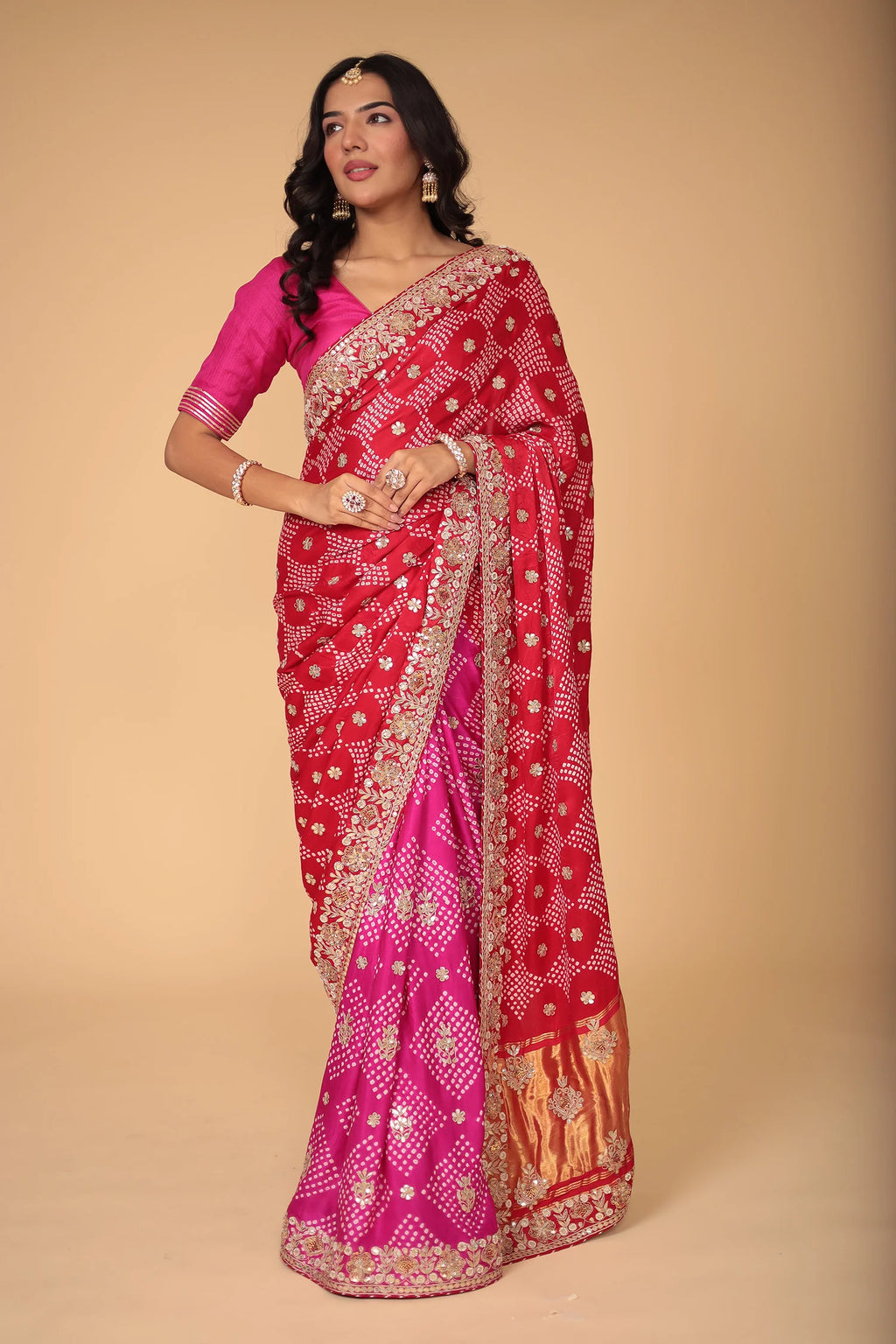 Royal Red & Pink Bandhani Saree with Zari Border