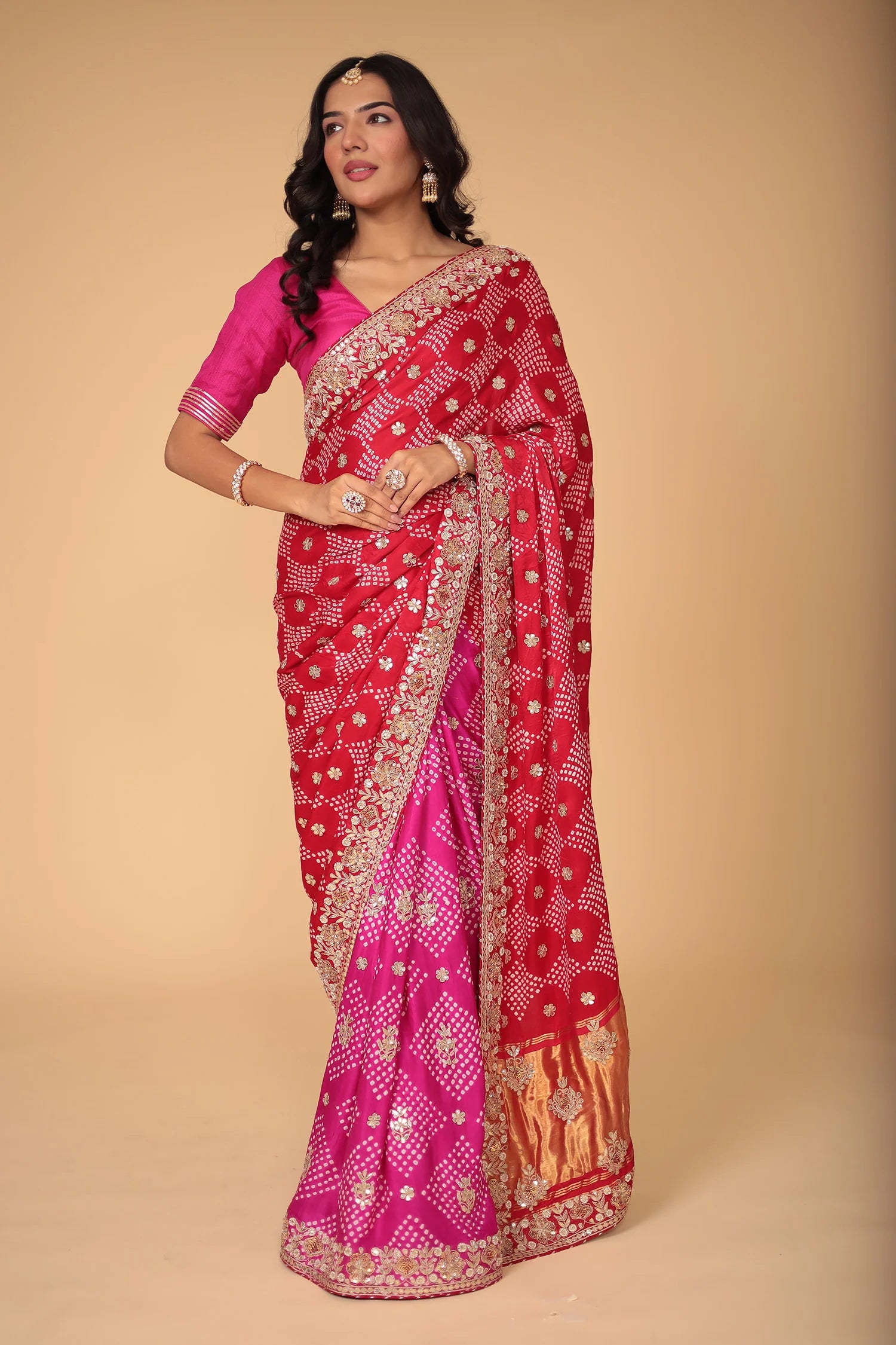 Royal Red & Pink Bandhani Saree with Zari Border
