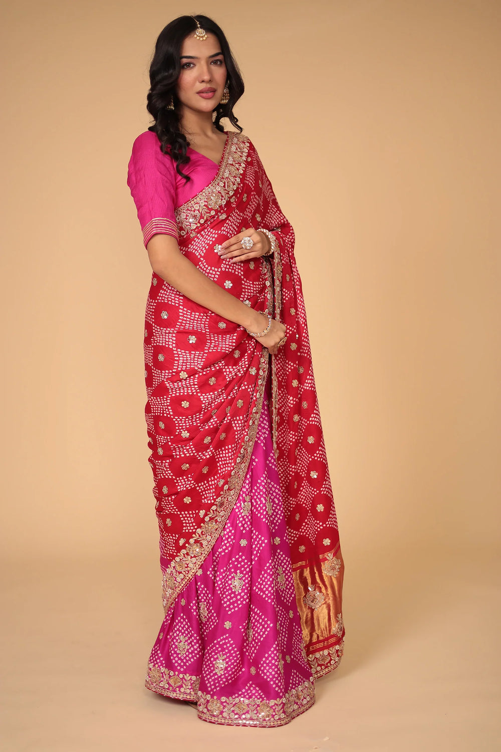Royal Red & Pink Bandhani Saree with Zari Border