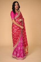 Royal Red & Pink Bandhani Saree with Zari Border