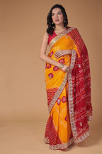 Sunset Bandhani Silk Saree with Embroidered Border