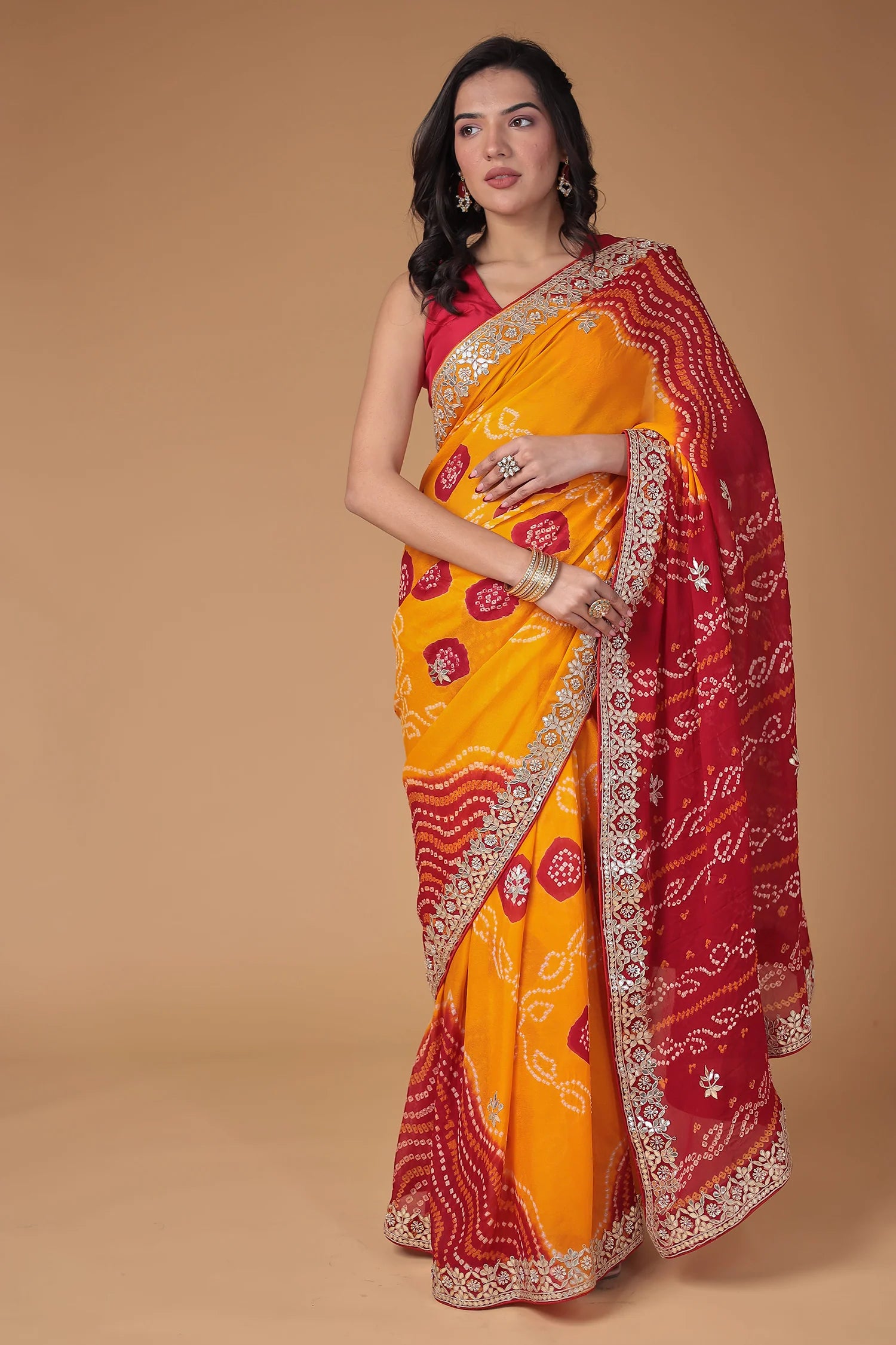 Sunset Bandhani Silk Saree with Embroidered Border