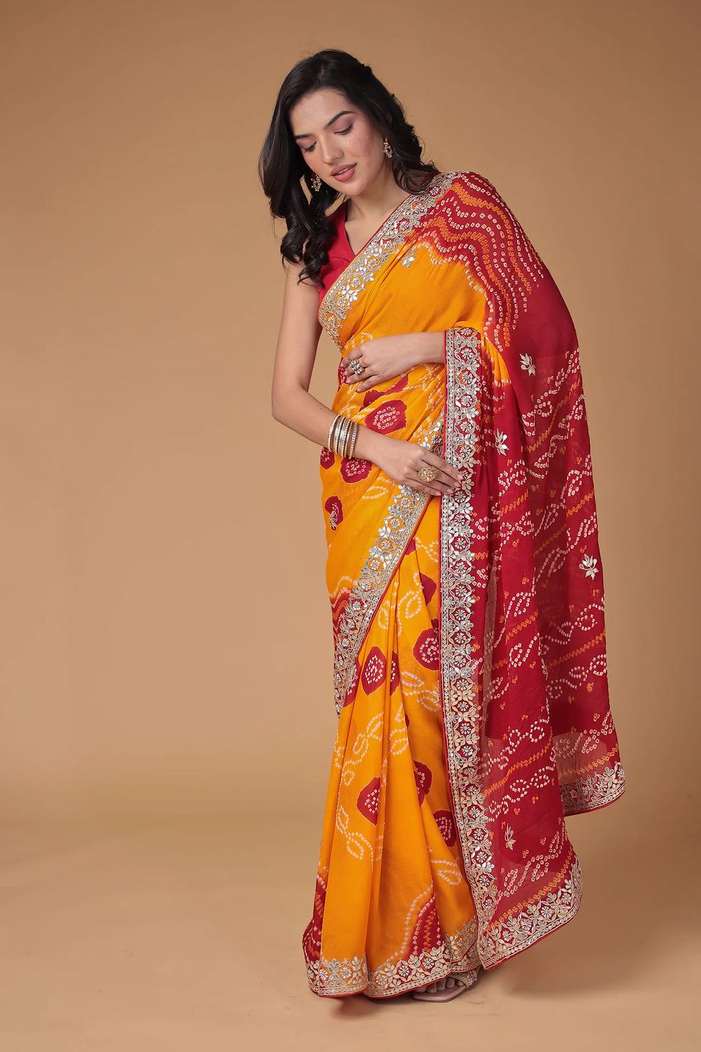 Sunset Bandhani Silk Saree with Embroidered Border