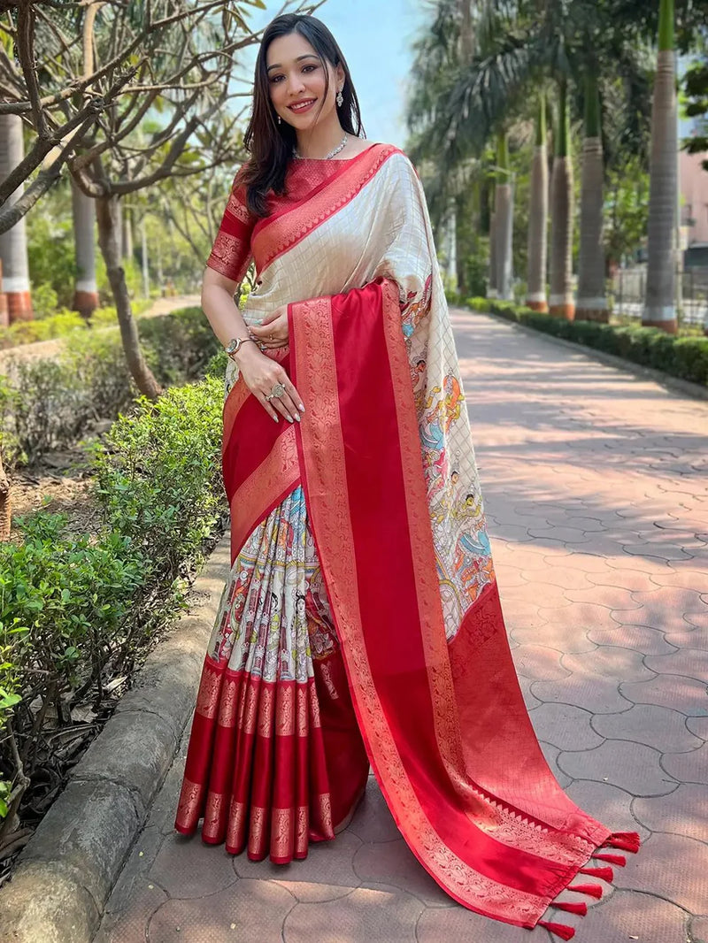 Red and White Saree Outdoor Look