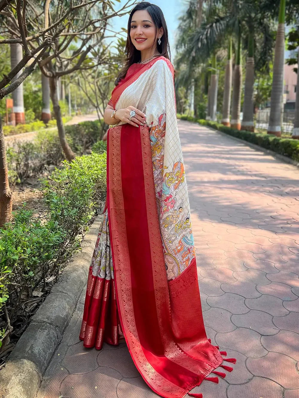 Red and White Saree Outdoor Look