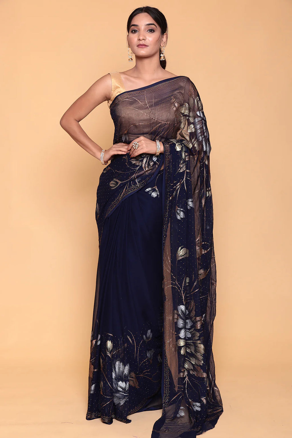 Midnight Blue Organza Saree with Metallic Floral Print