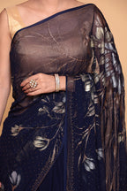 Midnight Blue Organza Saree with Metallic Floral Print